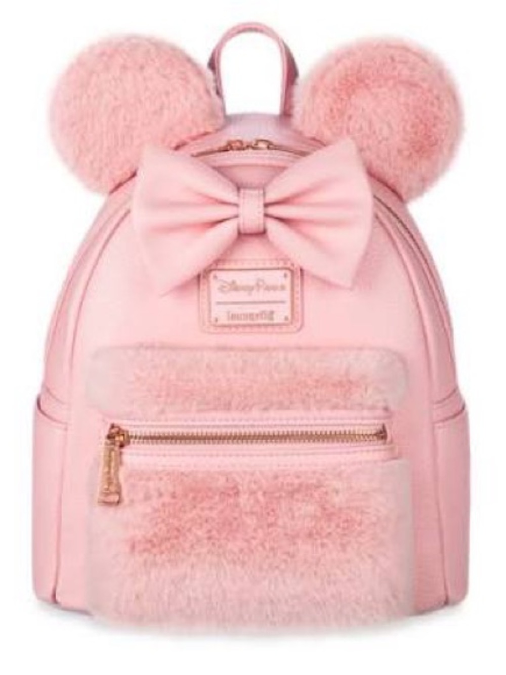 Pink Minnie Ear Faux-Fur Loungefly Mini Backpack with Rose gold hardware
